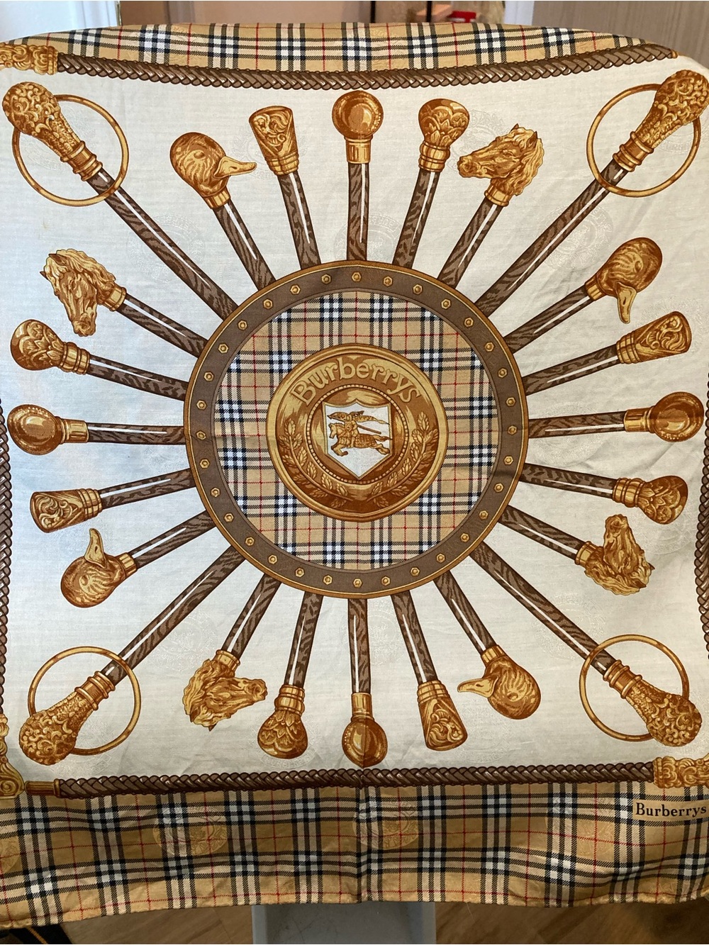 Burberry Plaid Crest Tapestry in Beige, Brown, Gold - Picture 2 of 9
